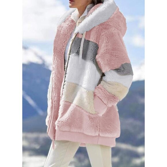 Women's Fuzzy Fleece Jacket Hooded Color Block Patchwork Cozy Winter Coat - Picture 3 of 5
